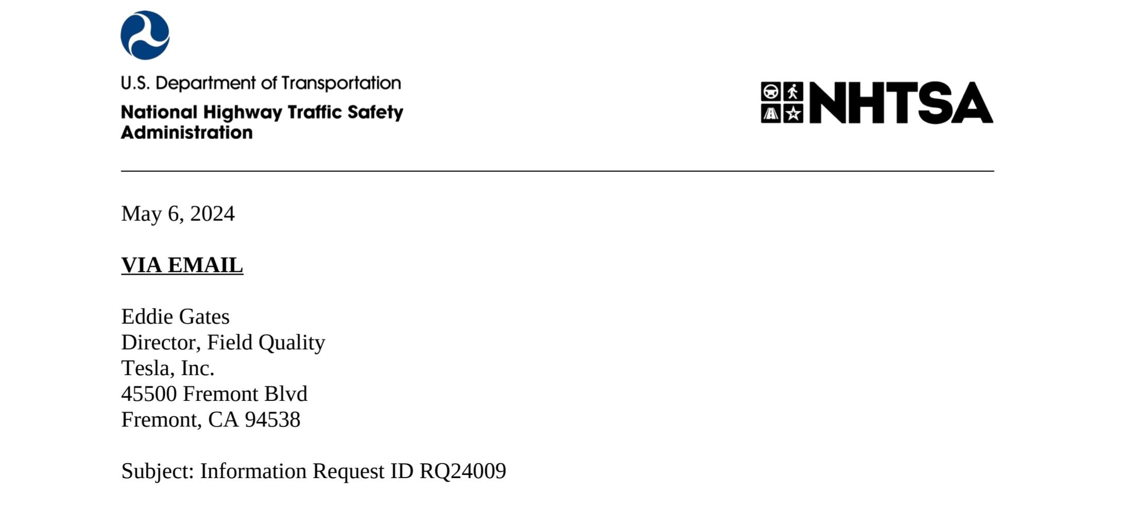 Lettera NHTSA a Tesla 