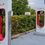 Stazioni ricarica Tesla, ambiente verde circostante.