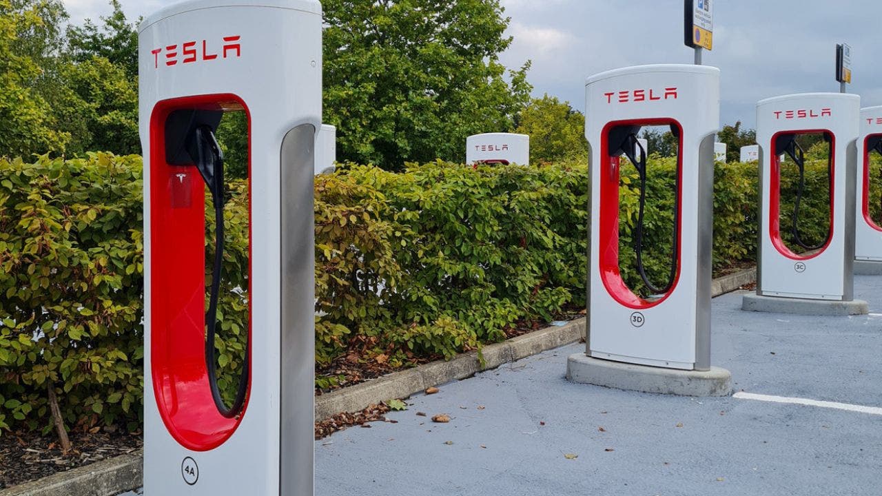 Stazioni ricarica Tesla, ambiente verde circostante.