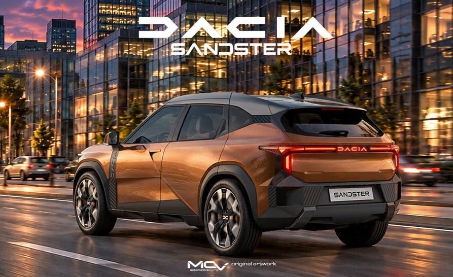 Render Dacia Sandster bronzo in città al tramonto