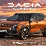 SUV Dacia Sandster arancione davanti a montagne al tramonto