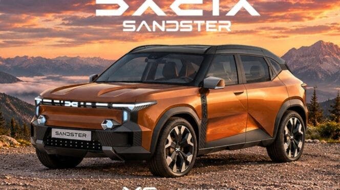SUV Dacia Sandster arancione davanti a montagne al tramonto