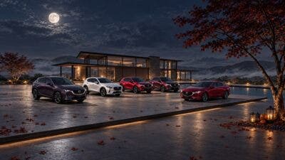 Cinque Mazda davanti a villa moderna sotto la luna