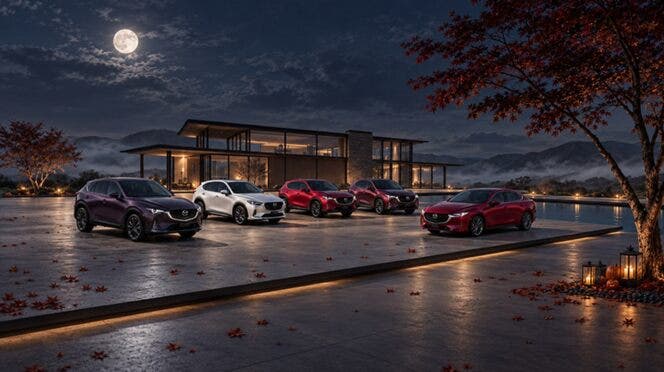 Cinque Mazda davanti a villa moderna sotto la luna