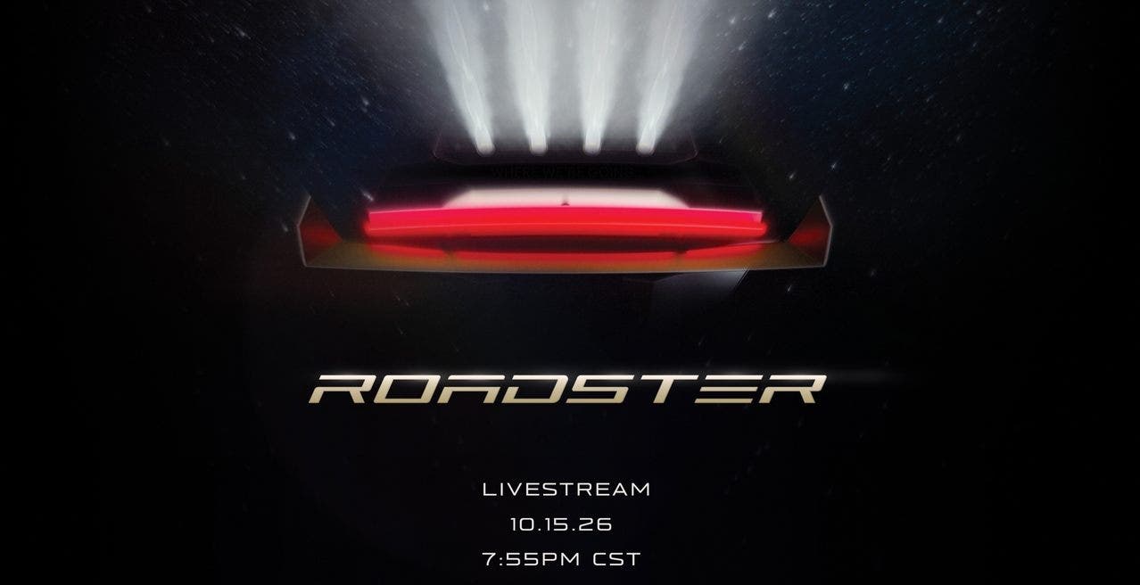 Teaser Roadster con luci posteriori rosse e data livestream
