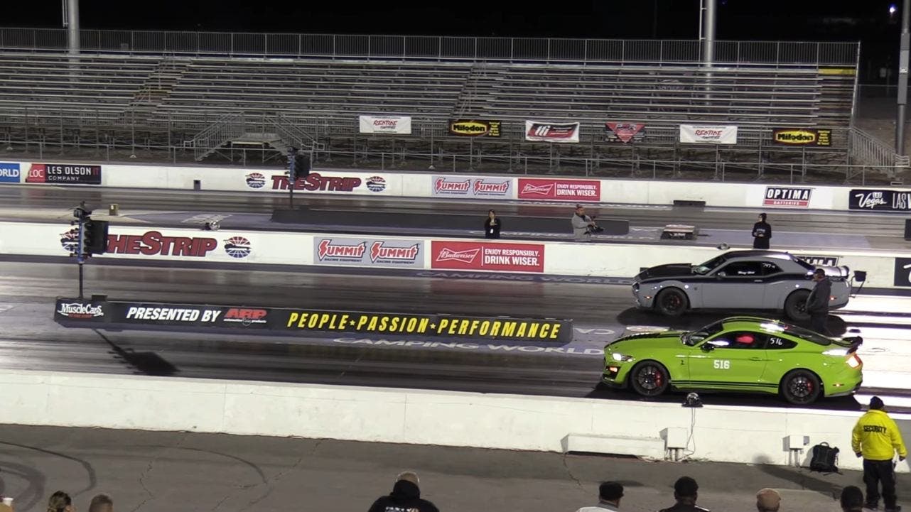 Dodge Challenger Hellcat Super Stock drag race Mustang