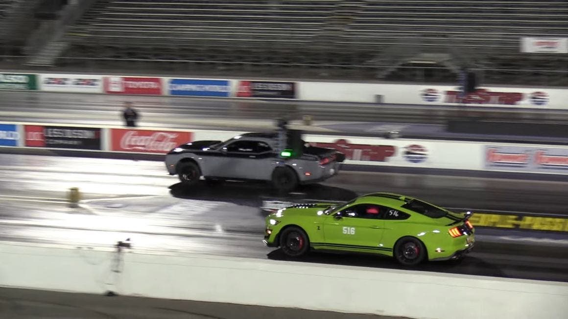 Dodge Challenger Hellcat Super Stock drag race Mustang