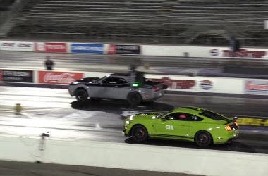 Dodge Challenger Hellcat Super Stock drag race Mustang