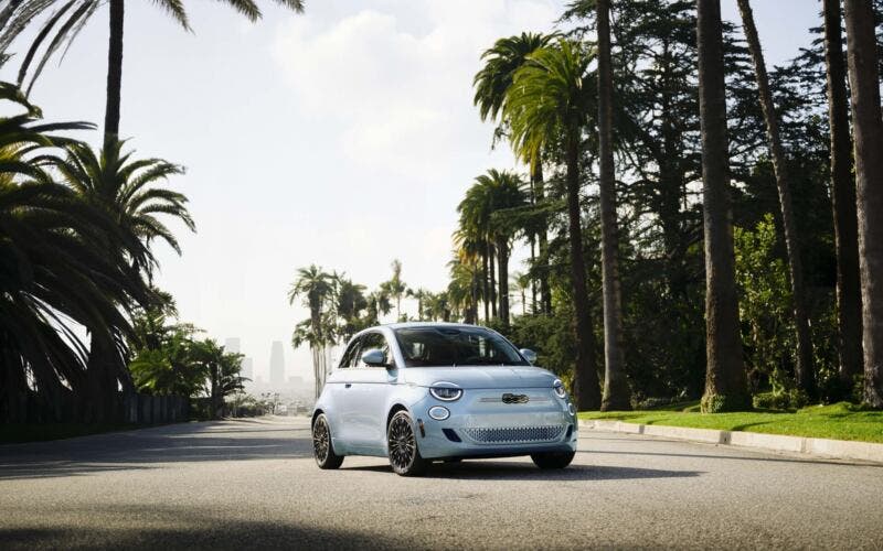 2025 Fiat 500e in new Marine Layer Mist exterior.