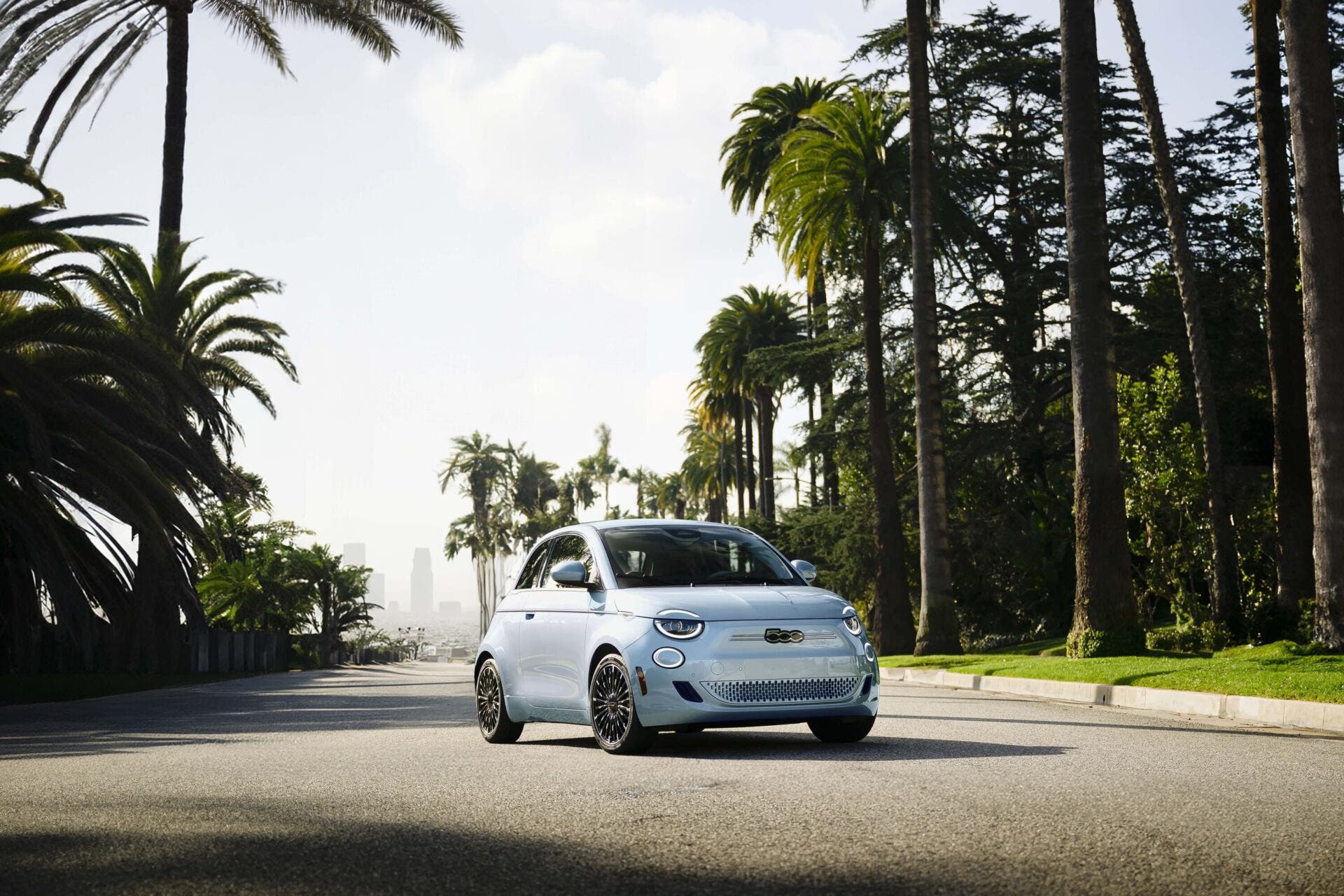 2025 Fiat 500e in new Marine Layer Mist exterior.