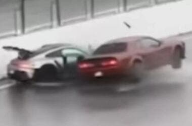 Dodge Challenger crash Porsche