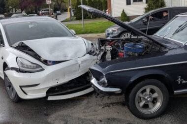 Tesla Model 3 Ford Mustang crash