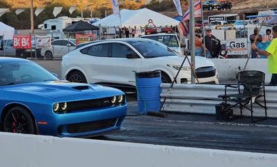 drag race mustang mach-e challenger hellcat
