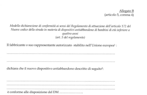 dichiarazione di conformità del seggiolino