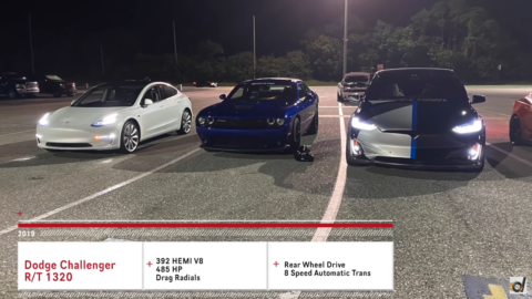 Dodge Challenger R/T Scat Pack 1320 vs Tesla Model 3 Performance vs Model X Performance DragTimes