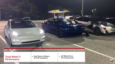 Dodge Challenger R/T Scat Pack 1320 vs Tesla Model 3 Performance vs Model X Performance DragTimes