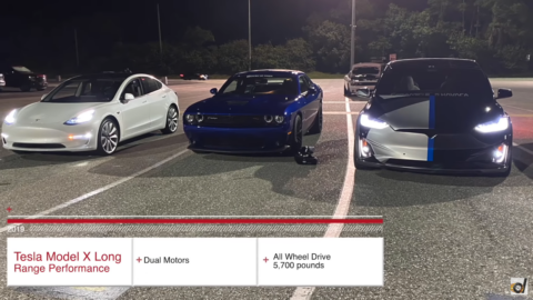Dodge Challenger R/T Scat Pack 1320 vs Tesla Model 3 Performance vs Model X Performance DragTimes