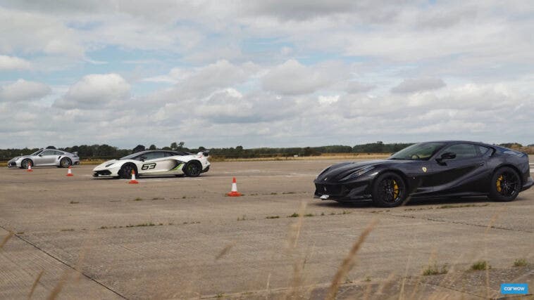 Ferrari 812 Superfast vs Lamborghini Aventador SVJ vs Porsche 911 Turbo S drag race