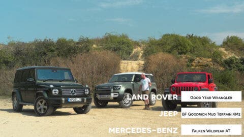 Jeep Wrangler vs Mercedes Classe G vs Land Rover Defender prova off-road