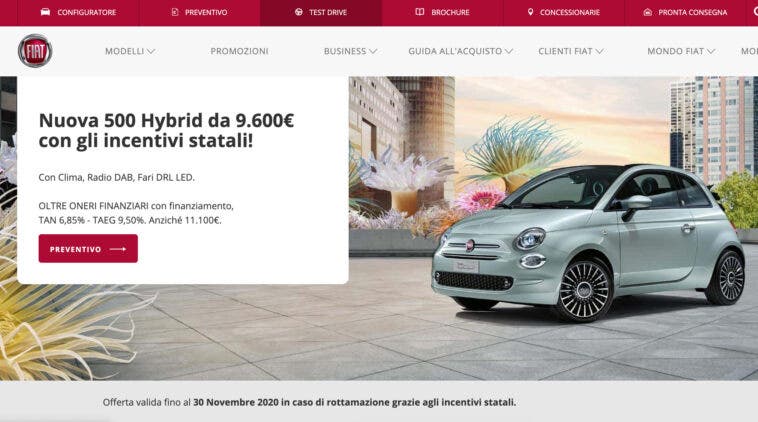 Promozione novembre 2020 Fiat 500 Hybrid a rate