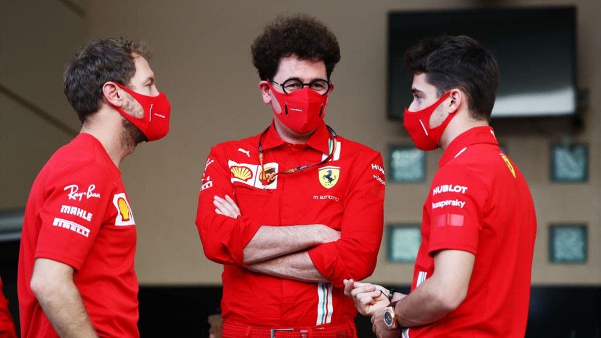 Mattia Binotto con Charles Leclerc e Sebastian Vettel