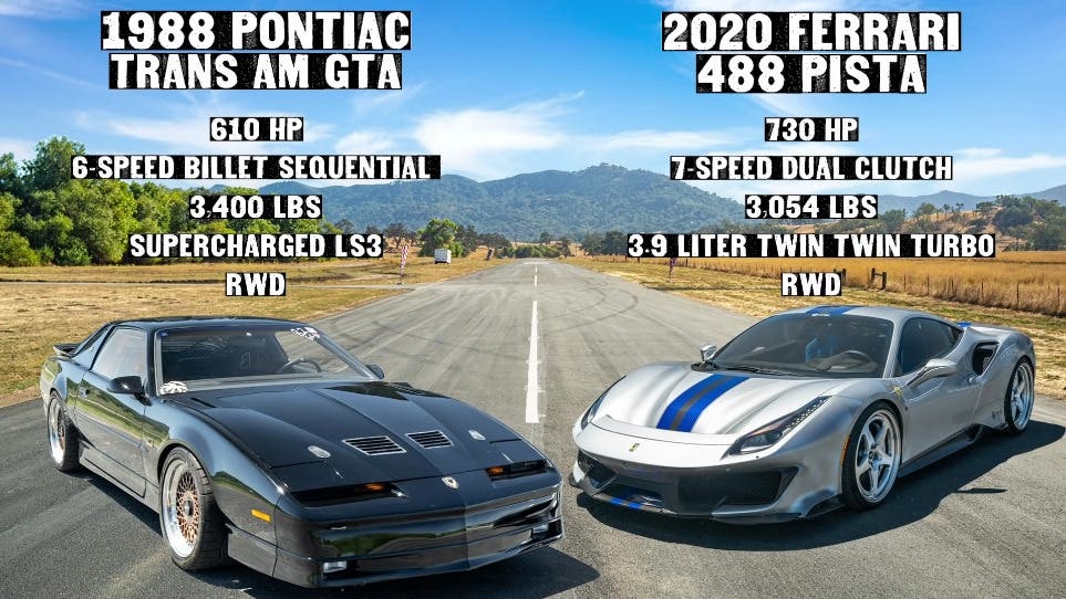 Ferrari 488 Pista vs Pontiac Trans-Am modificata drag race