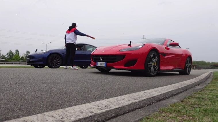 Ferrari Portofino vs Lamborghini Huracán Evo vs Tesla Model 3 Performance drag race