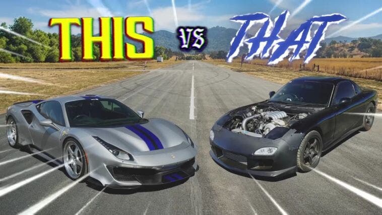 Ferrari 488 Pista vs Mazda RX-7 modificata drag race