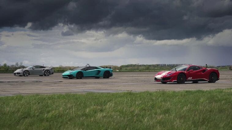 Ferrari 488 Pista Piloti vs Porsche 911 Turbo S Lamborghini Aventador SV drag race