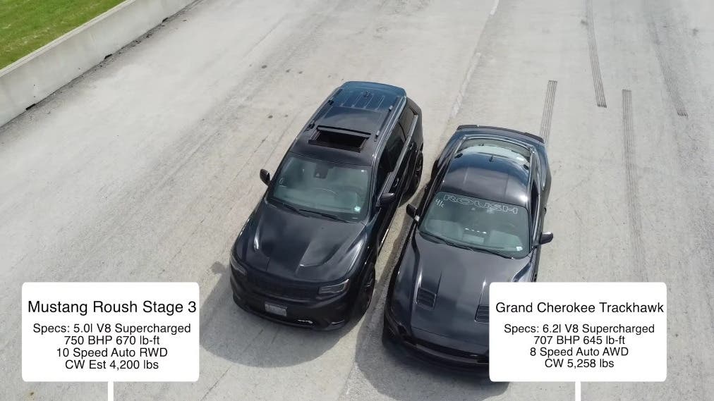 Jeep Grand Cherokee Trackhawk vs Ford Mustang Roush drag race