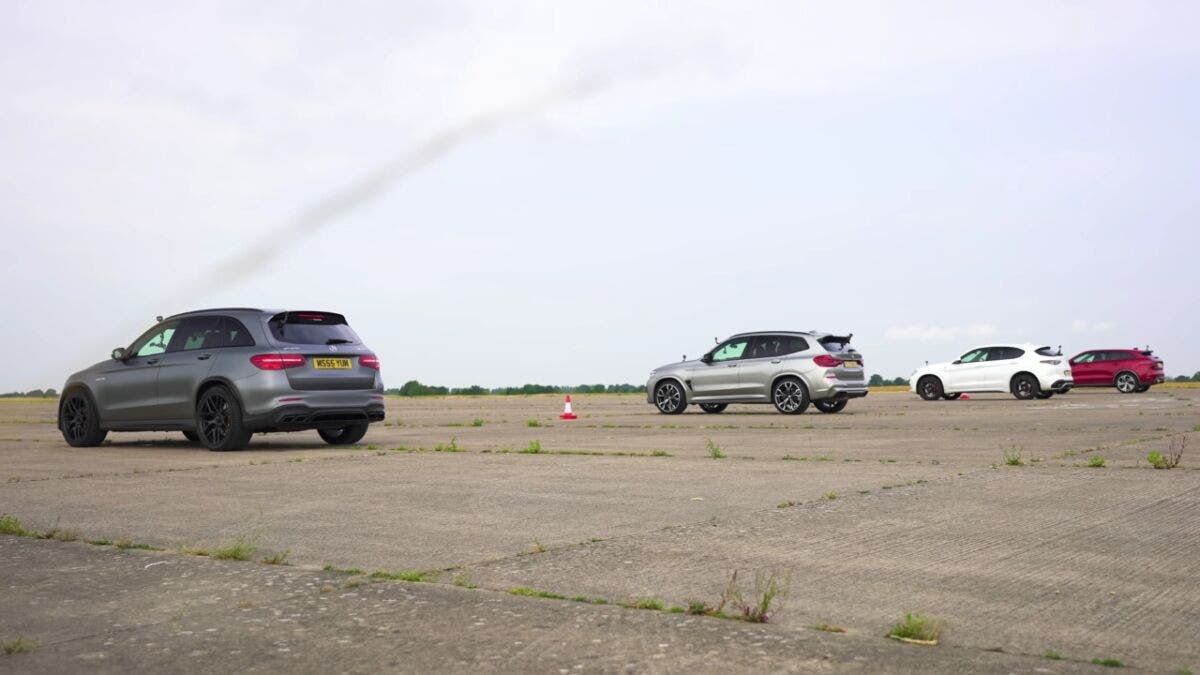 Alfa Romeo Stelvio Quadrifoglio vs BMW X3 M vs Mercedes-AMG GLS 63 S vs Jaguar F-Pace SVR drag race