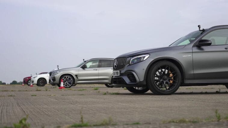 Alfa Romeo Stelvio Quadrifoglio vs BMW X3 M vs Mercedes-AMG GLS 63 S vs Jaguar F-Pace SVR drag race