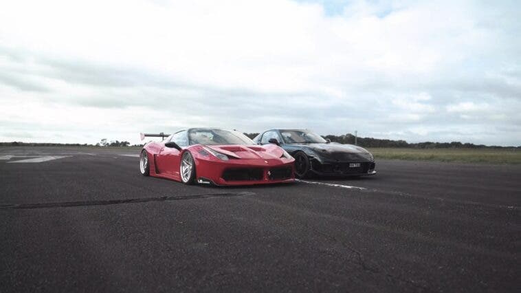 Ferrari 458 Spider vs Mazda RX-7 modificata drag race