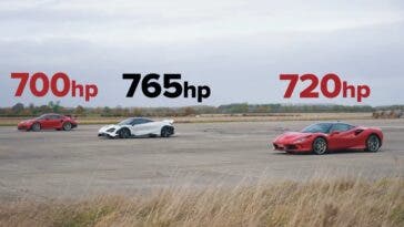 Ferrari F8 Tributo vs Porsche 911 GT2 RS vs McLaren 756LT drag race