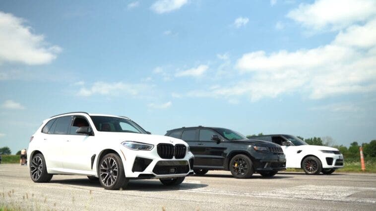 Jeep Grand Cherokee Trackhawk vs BMW X5 M Competition vs Rang Rover Sport SVR drag race