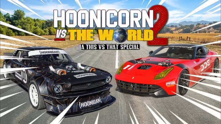 Ferrari F12berlinetta biturbo vs Ford Mustang Hoonicorn drag race