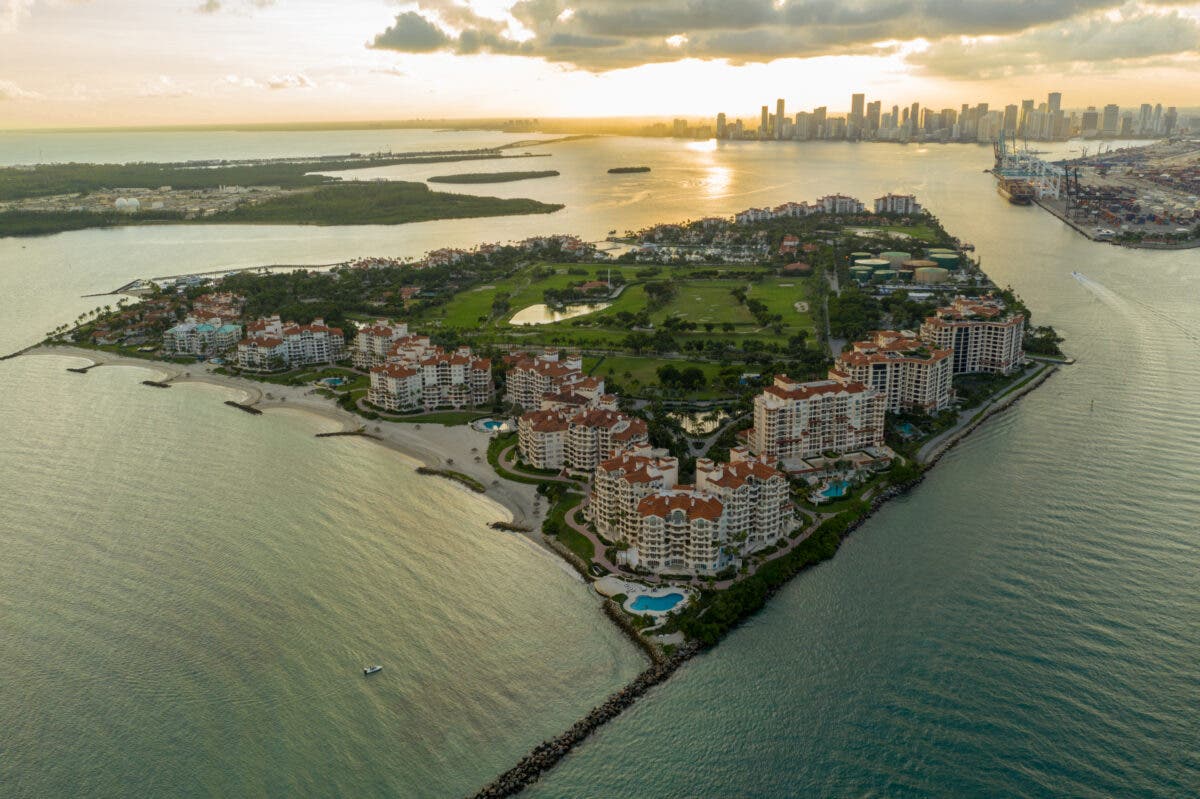 Aerial,Photo,Miami,Beach,Fisher,Island,At,Sunset,Beautiful,South