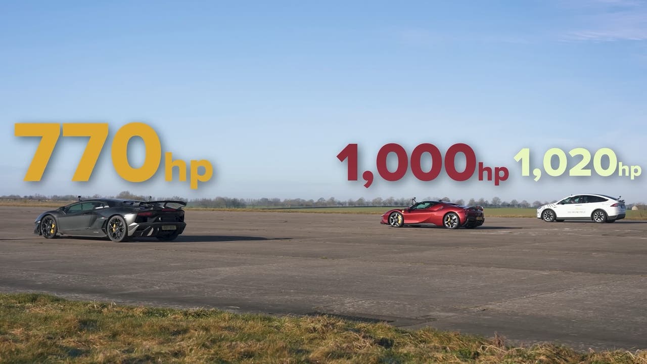 Ferrari SF90 Stradale vs Tesla Model X Plaid vs Lamborghini Aventador SVJ drag race