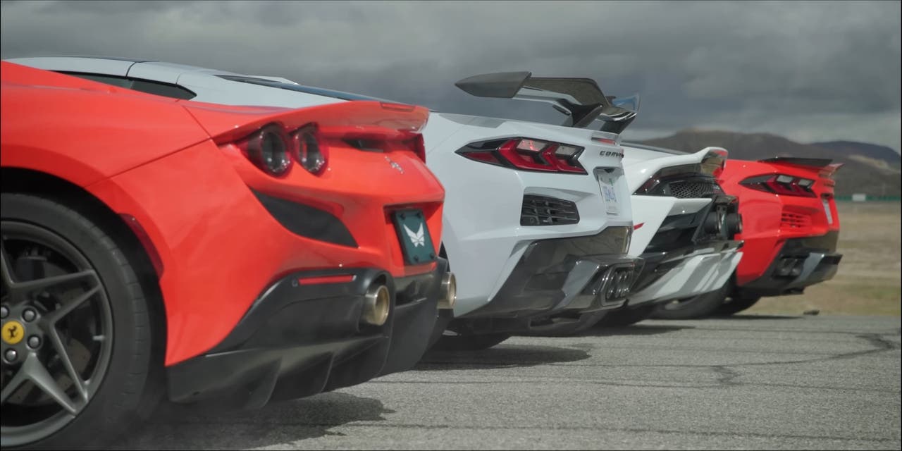 Ferrari F8 Spider vs Chevrolet Corvette E-Ray vs Lamborghini Huracan Evo drag race