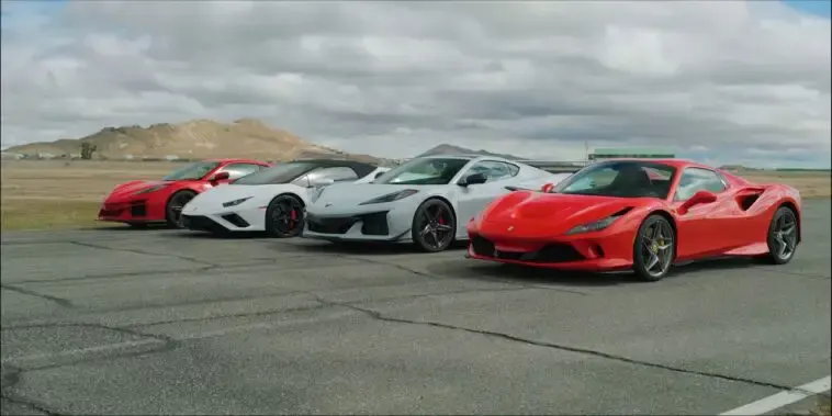 Ferrari F8 Spider vs Chevrolet Corvette E-Ray vs Lamborghini Huracan Evo drag race