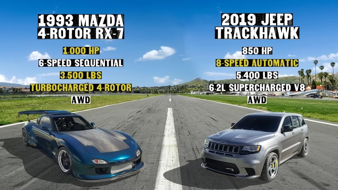 Jeep Grand Cherokee Trackhawk vs Mazda RX-7 drag race