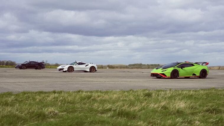 Ferrari 488 Pista vs Lamborghini Huracan STO vs Porsche 911 GT3 drag race