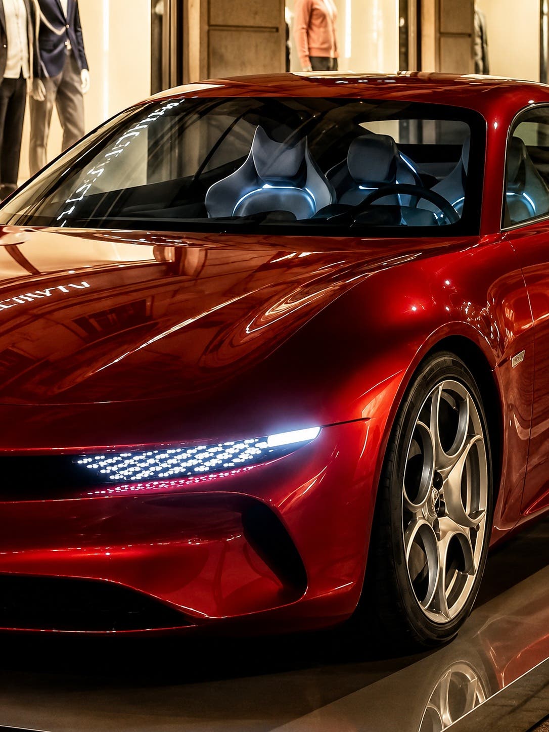 Concept Alfa Romeo coupé digitale rossa in stile sportivo con linee aerodinamiche