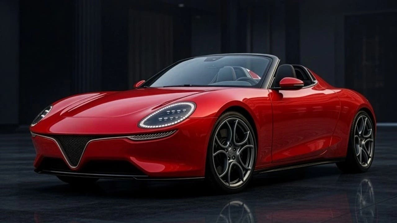Concept car render of a modern Alfa Romeo Duetto-inspired roadster, showing the vehicle in profile with sleek, low proportions and contemporary design details.