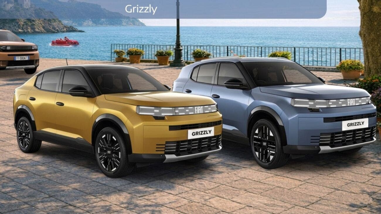 Due auto Fiat Grizzly concept Fiat, una gialla e una azzurra, parcheggiate sul lungomare