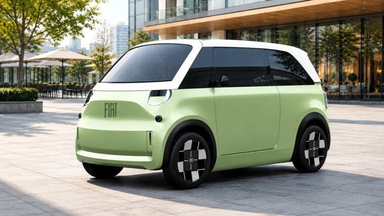 Concept car FIAT verde chiaro e bianca parcheggiata in una piazza moderna