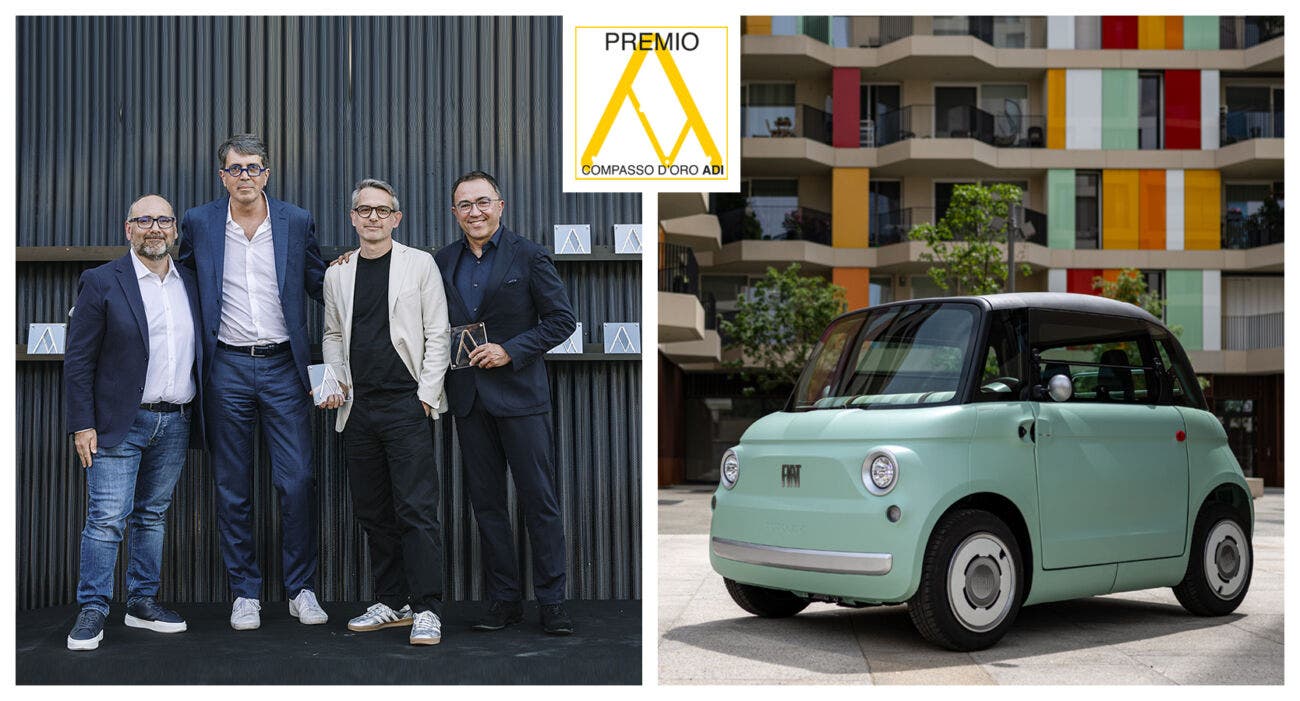 Fiat Topolino elettrica compatta in un contesto urbano, vista di profilo con design morbido e colorato