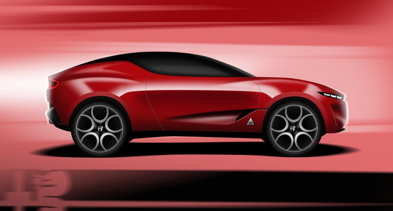 Render digitale di una possibile nuova Alfa Romeo Brera, mostrata in profilo laterale con linee sportive e carrozzeria coupé rialzata.