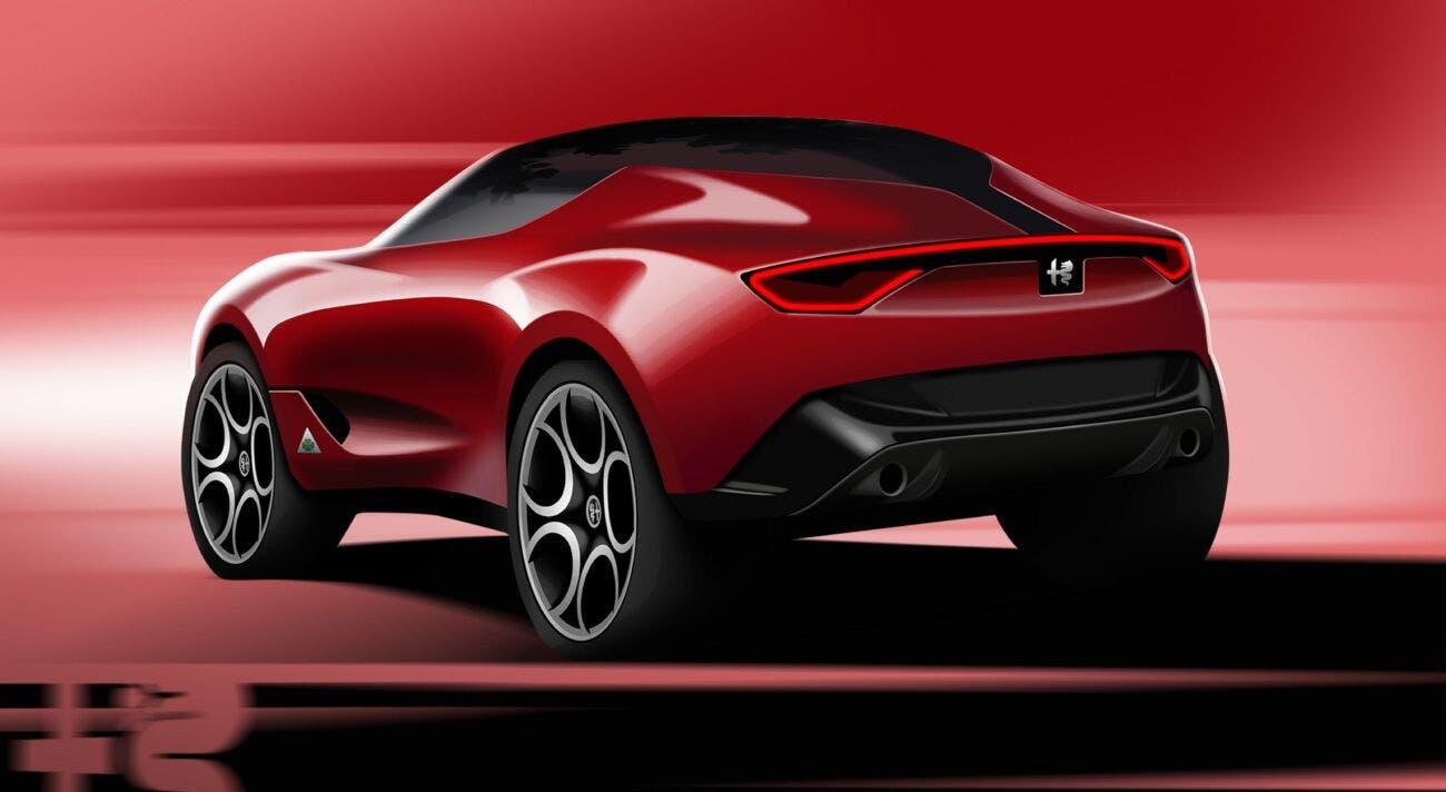 Rendering frontale di una ipotetica nuova Alfa Romeo Brera, con scudetto centrale, fari sottili e linee da coupé-crossover sportiva.