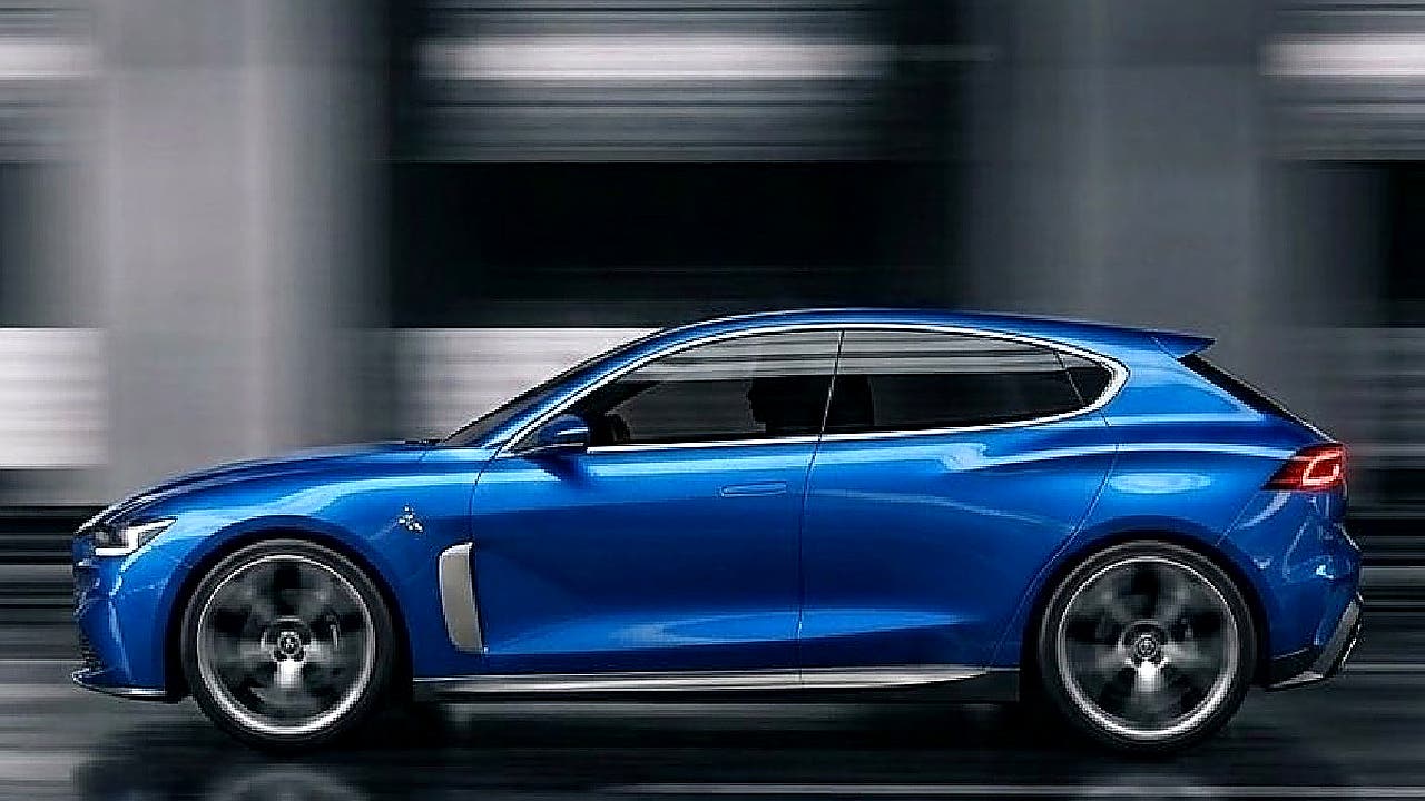Vista laterale di una compatta sportiva Alfa Romeo con carrozzeria bassa, linee tese e coda da shooting brake